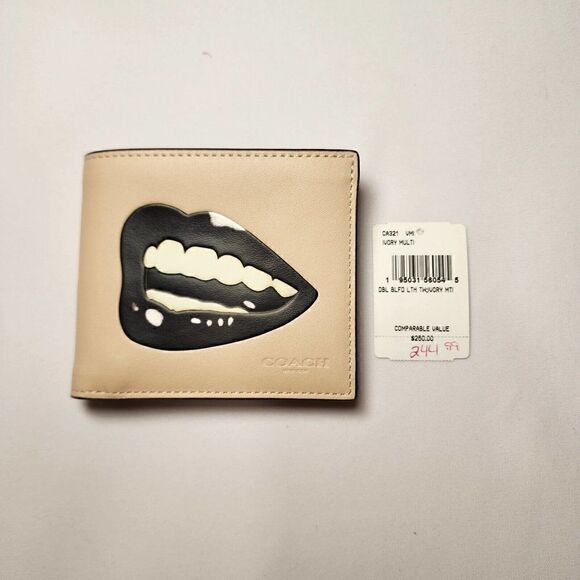 NWT CA321 COACH X TOM WESSELMANN MEN'S DOUBLE BILLFOLD WALLET IVORY/MULTI MOUTH - Picture 1 of 5